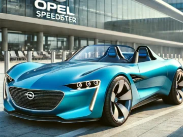 Een blauwe Opel Speedster cabriolet, een waar icoon voor de nieuwe generatie, staat geparkeerd voor een modern gebouw met op de achtergrond het Opel-logo en de merknaam zichtbaar. #RETROWEEK