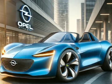 Een strakke blauwe Opel Speedster-sportwagen, die de nieuwe generatie van uitmuntende auto's vertegenwoordigt, staat geparkeerd voor een modern gebouw met het Opel-logo.