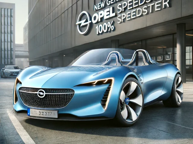 Een strakke, blauwe Opel Speedster-cabriolet staat geparkeerd voor een modern gebouw. Op het bord hierboven staat "Nieuwe Generatie Opel Speedster 100% Speedster", ter ere van RETROWEEK.