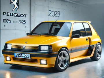 Un Peugeot 205 GTI amarillo se expone en una moderna sala de exposiciones durante la RETROWEEK, con un cartel en la pared en el que se lee 