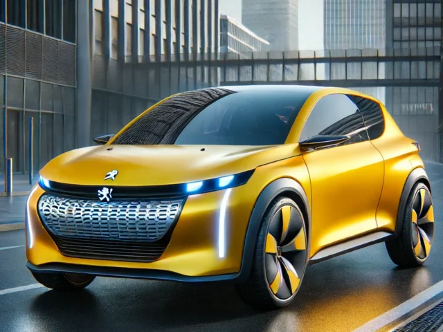 Une voiture conceptuelle de nouvelle génération, jaune et élégante, au design moderne et à l'éclairage LED, est garée dans une rue de la ville bordée de grands immeubles.