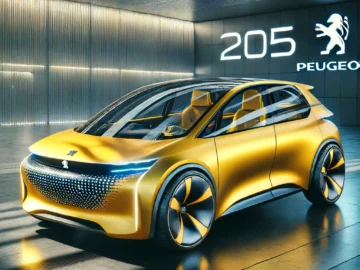 Experience the futuristic gold Peugeot 205 concept car on display in an illuminated showroom, combining stylish design features with a sleek, modern look - a nod to RETROWEEK and the new generation.