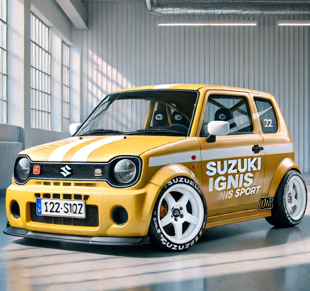 Een aangepaste gele Suzuki Ignis Sport met witte racestrepen en emblemen, inclusief 'Suzuki Ignis NIS Sport', binnen geparkeerd in een helder verlichte garage.