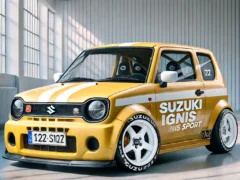 Een aangepaste gele Suzuki Ignis Sport met witte racestrepen en emblemen, inclusief 'Suzuki Ignis NIS Sport', binnen geparkeerd in een helder verlichte garage.