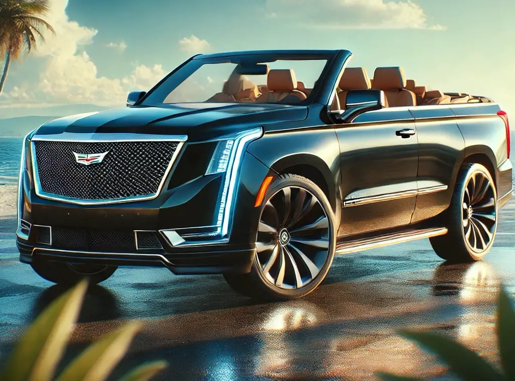 A sleek black convertible with a Cadillac emblem parked near a picturesque beach with palm trees and clear, sunny skies.