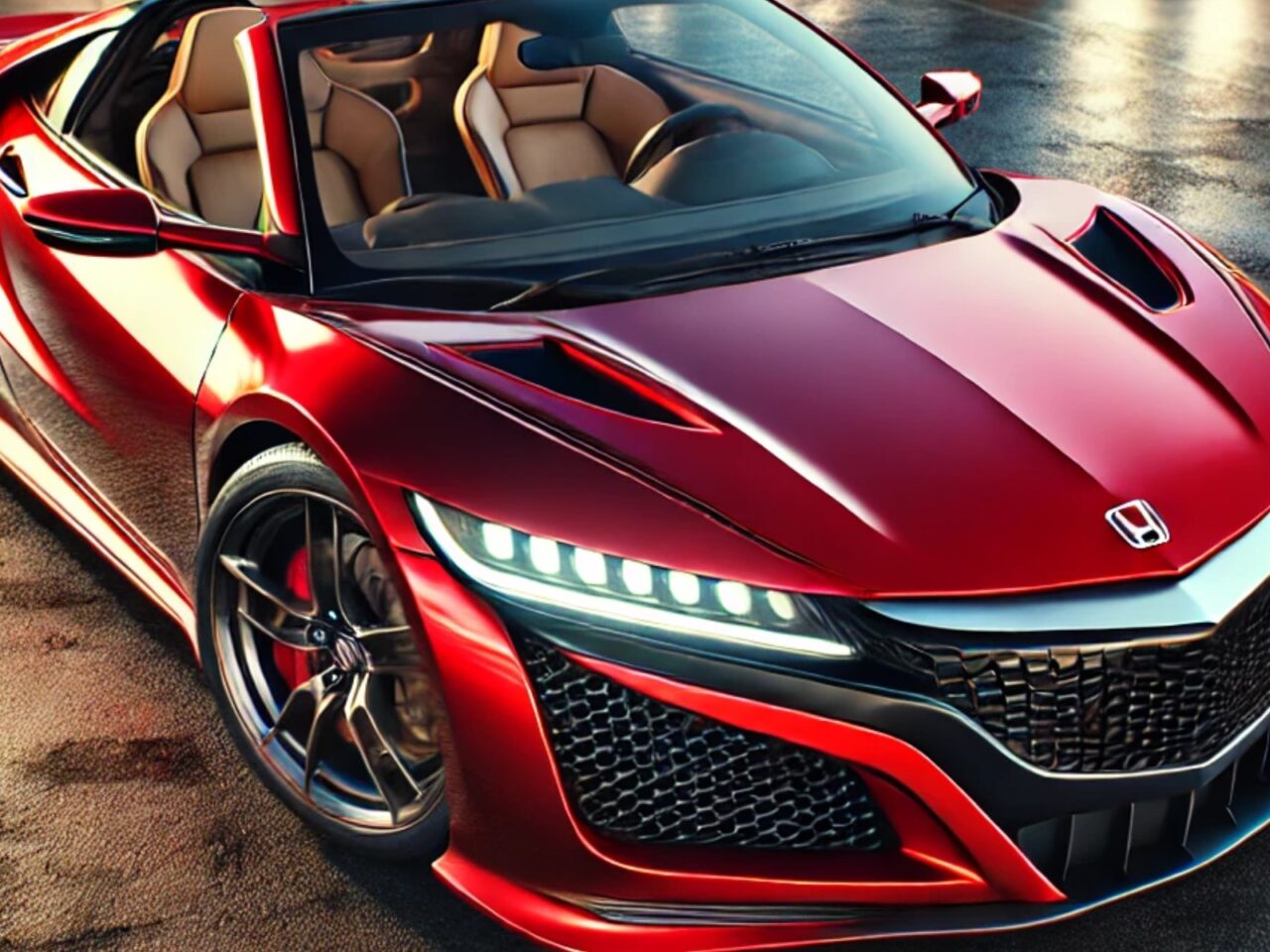 Een rode sportwagen staat geparkeerd op een nat oppervlak en laat zijn strakke ontwerp, opvallende LED-koplampen en zwarte velgen zien. De auto is voorzien van een Honda-embleem op de grille.