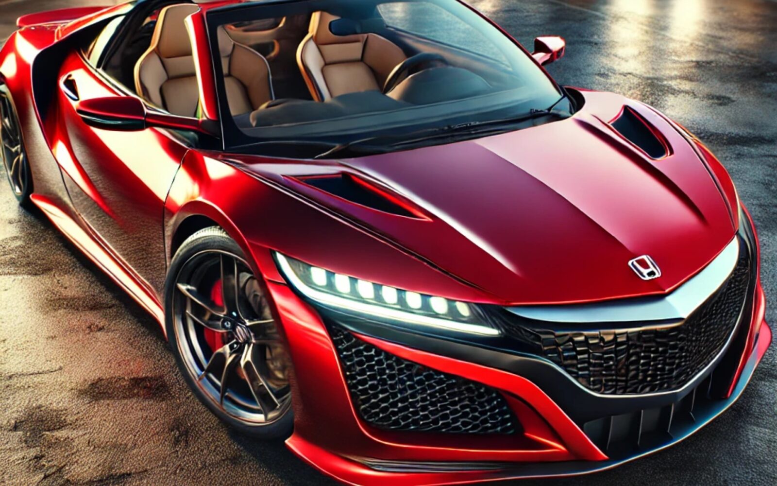Een rode sportwagen staat geparkeerd op een nat oppervlak en laat zijn strakke ontwerp, opvallende LED-koplampen en zwarte velgen zien. De auto is voorzien van een Honda-embleem op de grille.