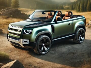 Een groene cabriolet-SUV met de kap naar beneden staat geparkeerd op een rotsachtig onverhard pad in een bergachtig gebied met bomen op de achtergrond.