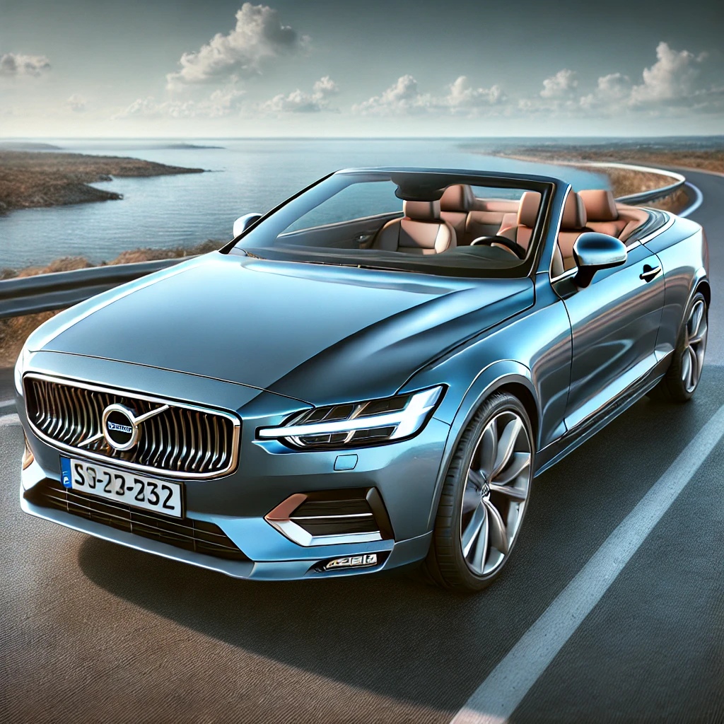 A blue convertible with a Volvo emblem is parked with the hood down on a coastal road. The background shows a picturesque view of the ocean under a partly cloudy sky.