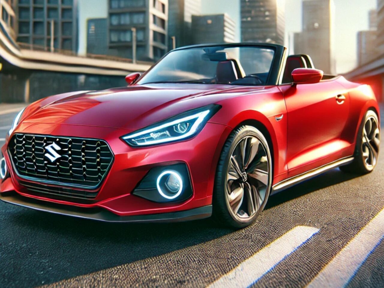 Een rode cabrioletsportwagen met een strak ontwerp staat geparkeerd in een stadsstraat onder een viaduct. De auto is voorzien van een moderne grille, LED-koplampen en stijlvolle lichtmetalen velgen.