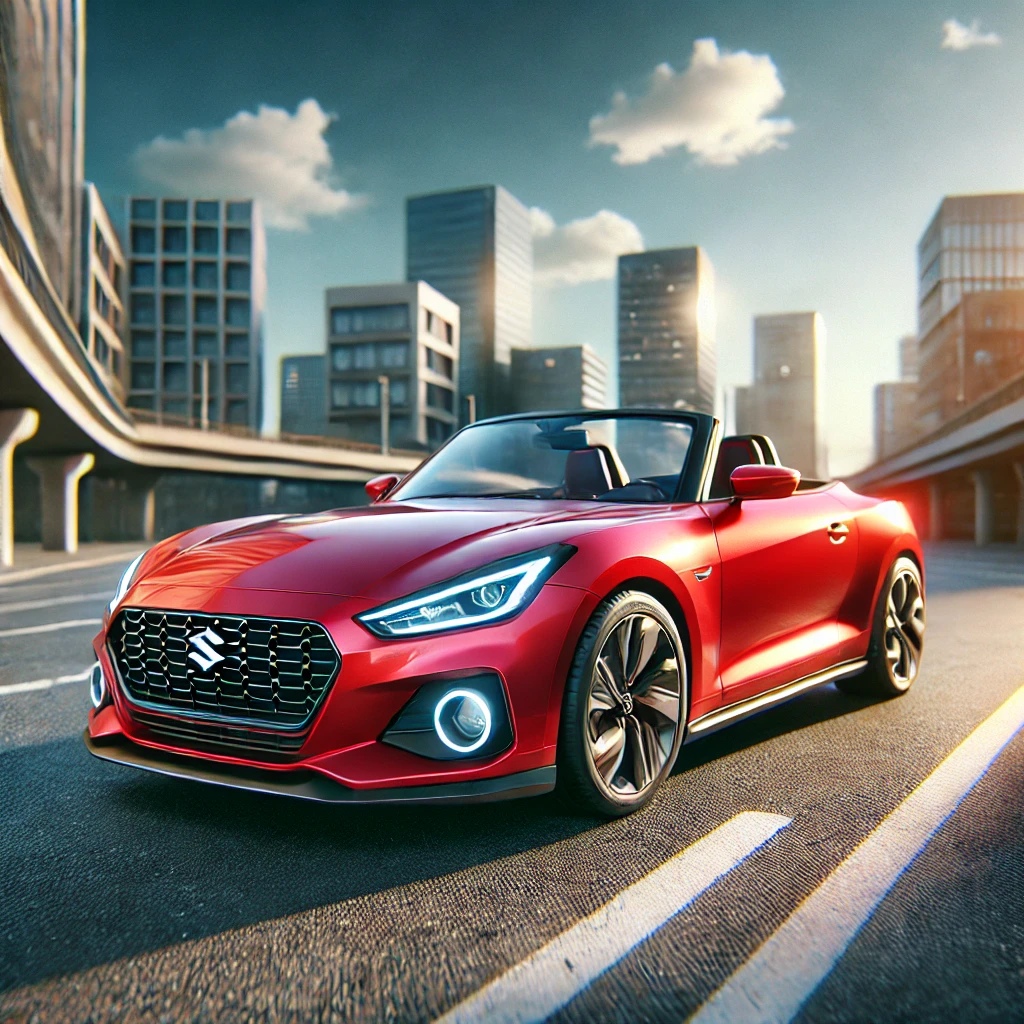 Un coche deportivo descapotable rojo está aparcado en una calle vacía de la ciudad, con edificios modernos y un viaducto al fondo.