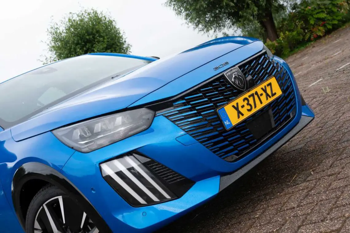 Close-up of the front of a blue Peugeot 208 Hybrid, popular in the Netherlands, with Dutch registration number X-371-XZ, showing the grille, headlights and part of the hood. A tree and bushes are visible in the blurred background.