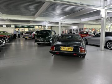 A showroom with an impressive Jaguar collection of vintage and modern cars arranged in rows. Some vehicles have distinctive license plates and the space is well lit with overhead lighting, providing an inviting atmosphere for reportage.