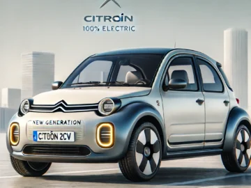 Een elektrische auto van Citroën met het kenteken "CTOON 2CV" staat geparkeerd op een dak met op de achtergrond de skyline van de stad. De auto is voorzien van futuristische designelementen die doen denken aan de iconische Citroën 2CV, en een ‘New Generation’-banner.