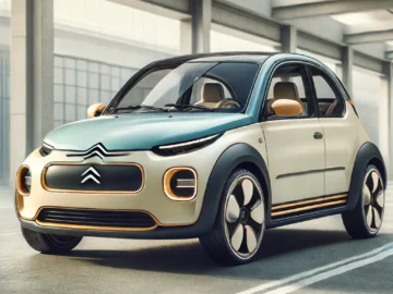 Een moderne compacte auto met strakke, afgeronde randen en een tweekleurig kleurenschema staat geparkeerd in een gebouw in industriële stijl met grote ramen, dat doet denken aan de klassieke Citroën 2CV.