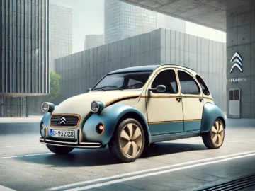 Een vintage Citroën 2CV staat geparkeerd onder een moderne betonconstructie, met hoge gebouwen en het iconische Citroën-logo op de achtergrond zichtbaar. De auto heeft een charmant tweekleurig blauw en beige kleurenschema.