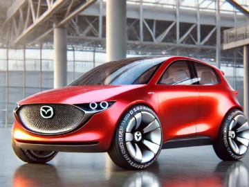 Un futurista prototipo Mazda 121 rojo con grandes ruedas de diseño exclusivo se expone en un moderno entorno industrial interior con mucha luz natural.