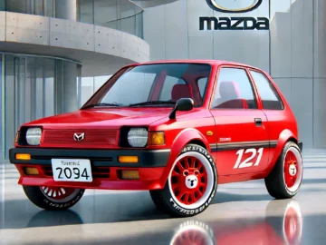 Een rode Mazda 121 hatchback met het nummer 121 erop staat geparkeerd voor een gebouw met een Mazda-logo. De auto heeft kenteken 2094 en is versierd met emblemen op de zijkanten en wielen.