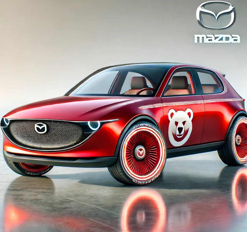 Rode Mazda 121 conceptauto met beerlogo op de zijkant en verlichte wielen. Het Mazda-embleem en de merknaam worden weergegeven in de rechterbovenhoek.