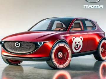 Coche conceptual Mazda 121 rojo con el logotipo del oso en el lateral y ruedas iluminadas. El emblema de Mazda y el nombre de la marca aparecen en la esquina superior derecha.