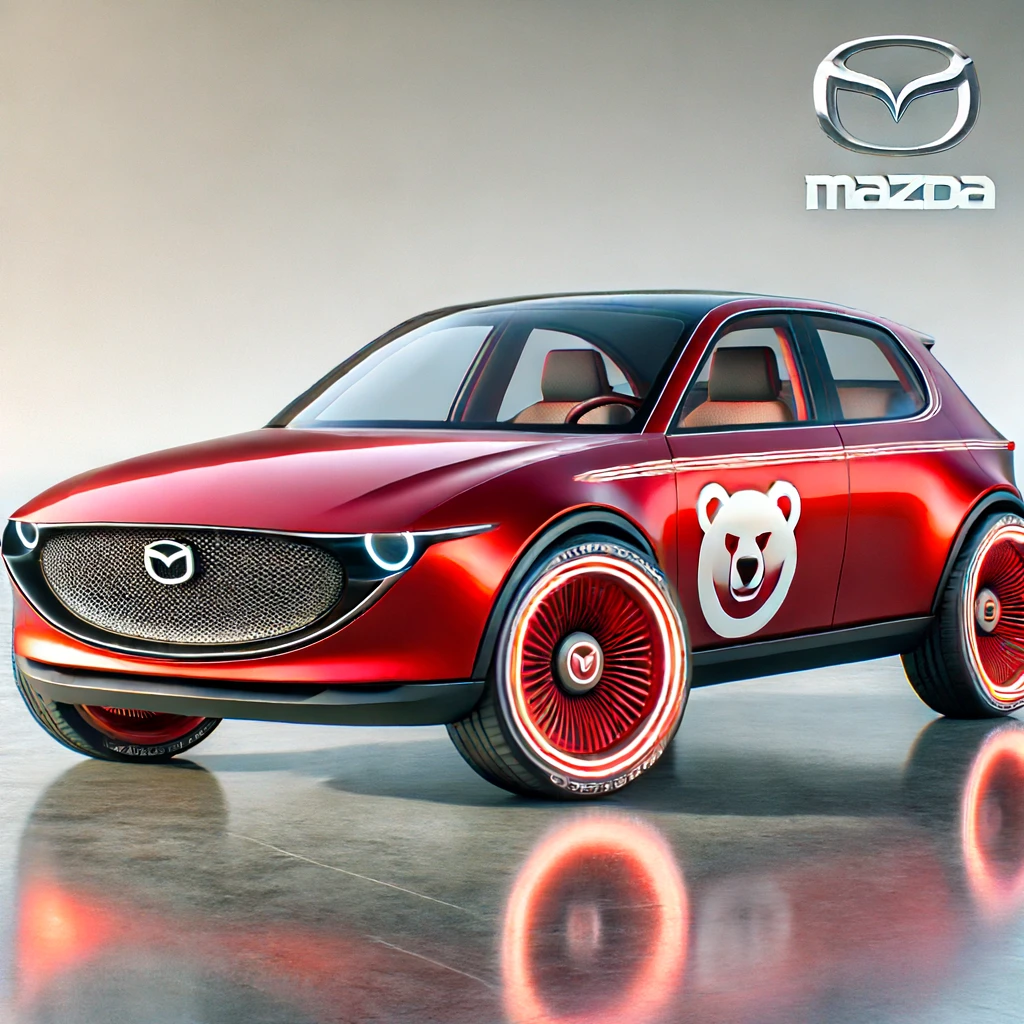Rode Mazda 121 conceptauto met beerlogo op de zijkant en verlichte wielen. Het Mazda-embleem en de merknaam worden weergegeven in de rechterbovenhoek.