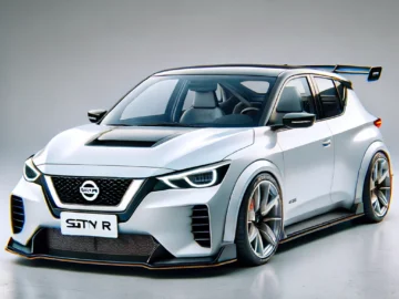 Un concept-car Nissan Sunny GTI R argenté au design sportif, avec une calandre agressive, des caractéristiques aérodynamiques et un aileron arrière proéminent, est présenté dans un studio.