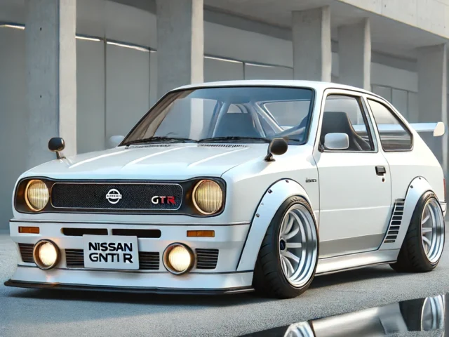 Une Nissan Sunny GTI R blanche, équipée de pneus larges et d'un kit de carrosserie, est garée à côté d'un bâtiment moderne en béton.