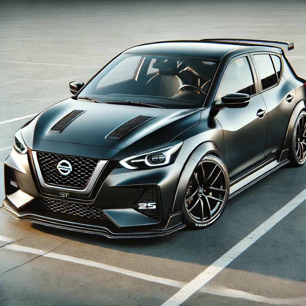 Een zwarte, sportieve Nissan Sunny GTI R hatchback staat geparkeerd op een parkeerplaats. De auto heeft een grote grille aan de voorkant, een aerodynamisch ontwerp en prestatieverbeteringen zoals een achterspoiler en aangepaste wielen.