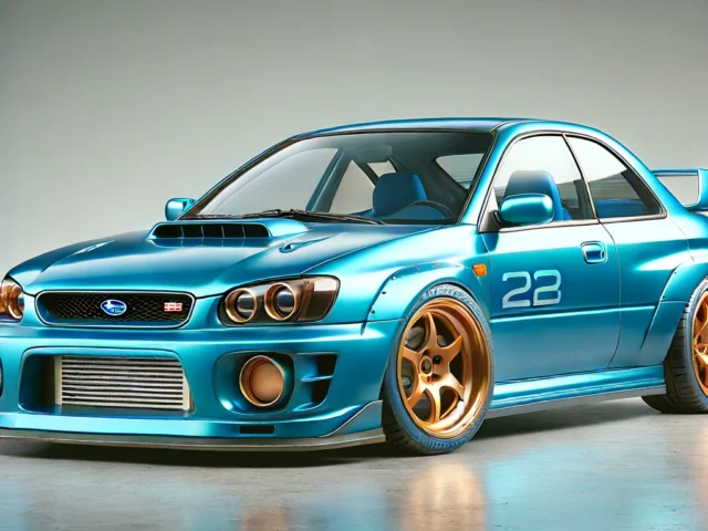 Een metaalblauwe Subaru Impreza 22B STI met nummer 22 op de zijkant, met een grote luchtinlaat aan de voorkant, gouden wielen en een achterspoiler, wordt tentoongesteld in een studiosetting. #RETROWEEK