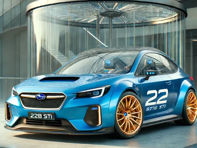 Een blauwe Subaru Impreza 22B STI met het nummer 22 op de zijkanten wordt tentoongesteld in een moderne showroom met glazen en metalen elementen. De auto is voorzien van gouden wielen en prominente ventilatieopeningen, die de essentie van RETROWEEK weergeven.