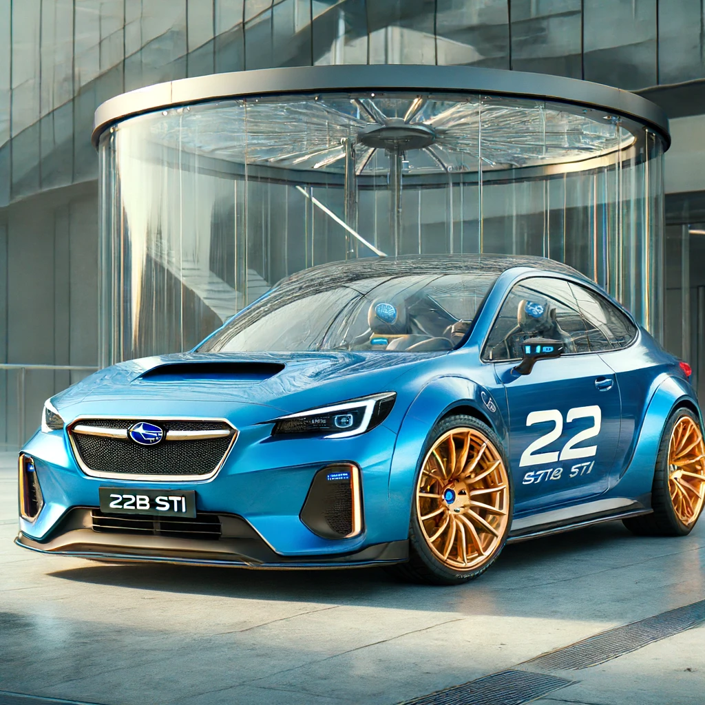 Een blauwe Subaru Impreza 22B STI met het nummer 22 op de zijkanten wordt tentoongesteld in een moderne showroom met glazen en metalen elementen. De auto is voorzien van gouden wielen en prominente ventilatieopeningen, die de essentie van RETROWEEK weergeven.