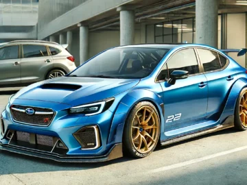 Een strakke blauwe Subaru Impreza 22B STI met gouden velgen staat geparkeerd in een stedelijk gebied naast een zilverkleurige SUV, onder een betonnen constructie. De auto draagt het nummer "22" en is voorzien van een prominente luchtinlaat aan de voorzijde, wat de RETROWEEK-aantrekkingskracht onderstreept.