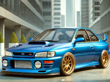 Een gemodificeerde blauwe Subaru Impreza 22B STI met gouden wielen staat geparkeerd tussen twee gebouwen in een stadsstraat en geeft de essentie van RETROWEEK weer.