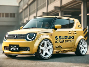 Buiten staat een gele Suzuki Ignis Sport-auto geparkeerd, met witte lichtmetalen velgen en stickers op de zijkanten, waaronder 'Suzuki Ignis Sport' en '100% Deep Craft'. Op de achtergrond is een industrieel gebouw zichtbaar.