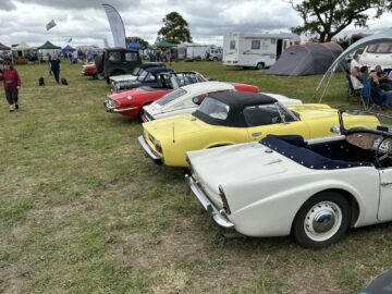 Een rij oldtimers geparkeerd op gras met tenten, vlaggen en mensen op de achtergrond op een bewolkte dag benadrukt de charme van Vintage Show 2024.