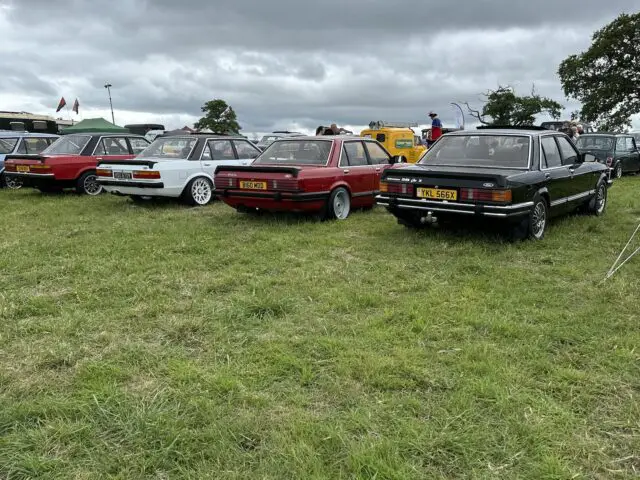 Een rij oldtimers geparkeerd op een grasveld onder een bewolkte hemel tijdens de West Oxon Steam & Vintage Show 2024. Er zijn verschillende modellen en kleuren aanwezig, waaronder rode, witte en zwarte auto's, met bomen en extra voertuigen op de achtergrond.