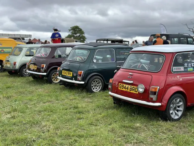 Verschillende klassieke mini-auto's geparkeerd op een rij op gras tijdens een Vintage Show, met mensen en andere voertuigen op de achtergrond onder een bewolkte hemel tijdens het West Oxon Steam-evenement van 2024.