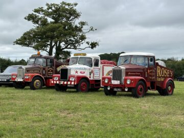 Drie vintage vrachtwagens, beschilderd met ontwerpen met een carnavalsthema, staan geparkeerd op een grasveld met een boom en een bewolkte lucht op de achtergrond, waardoor de levendige sfeer van de West Oxon Steam & Vintage Show 2024 wordt vastgelegd.