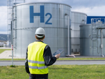 Engineer with tablet computer on a background of Hydrogen factory ...