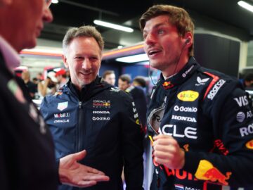 NORTHAMPTON, ENGLAND - JULY 05: Max Verstappen of the Netherlands and Oracle Red Bull Racing talks with Christian Horner, Team Principal of Oracle Red Bull Racing in the garage during qualifying ahead of the F1 Grand Prix of Great Britain at Silverstone Circuit on July 05, 2025 in Northampton, England. (Photo by Mark Thompson/Getty Images) // Getty Images / Red Bull Content Pool // SI202507050343 // Usage for editorial use only //