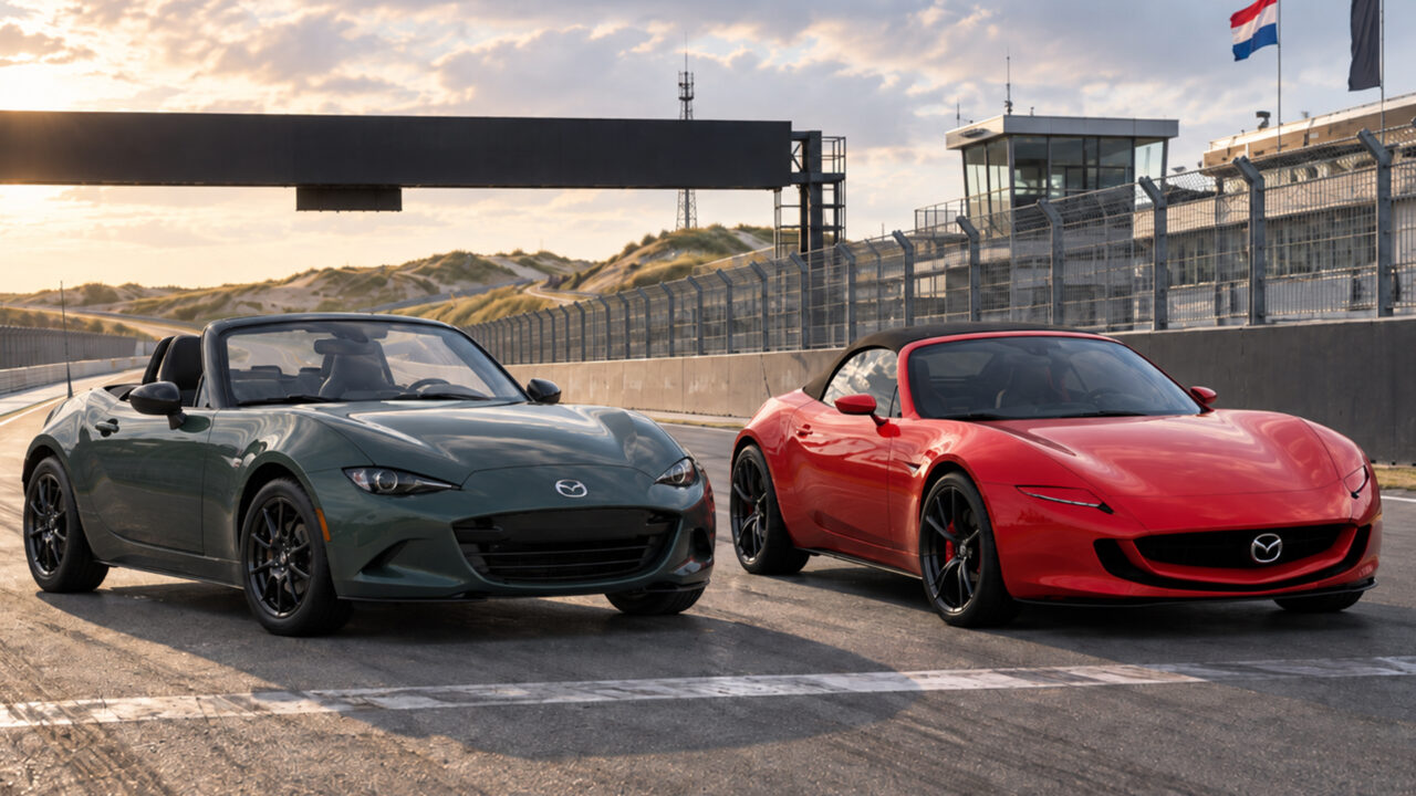 Links: Mazda MX-5 ND - Rechts: rendering van Mazda MX-5 NE - AutoRAI.nl