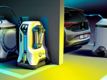 Compact and autonomous: Volkswagen Group Components’ mobile charging robot. ...
